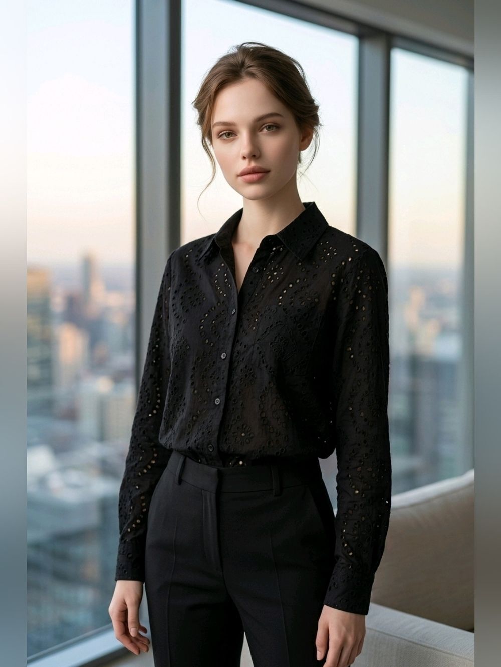 ☔️🔺️Coco & Shay Black Embroider Eyelet Button Front Long Sleeve Top Large